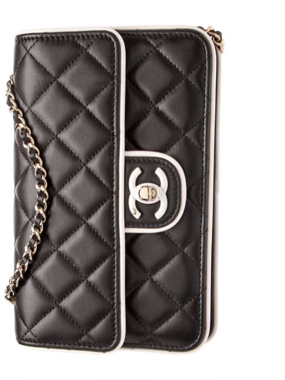 CHANEL Black Quilted Leather Shoulder Bag with White Trim and Gold Chain